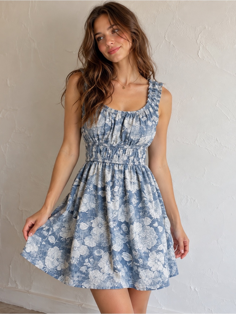 American Eagle Cotton Easy Cinch Waist Floral Mini Dress XS Blue Cottagecore